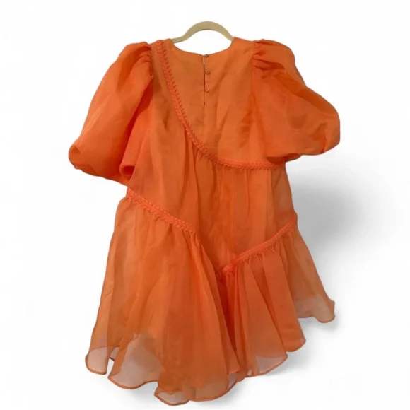 Aje Riviera Asymmetric Braided Puff Sleeve Dress Mandarin Orange 4 NWOT